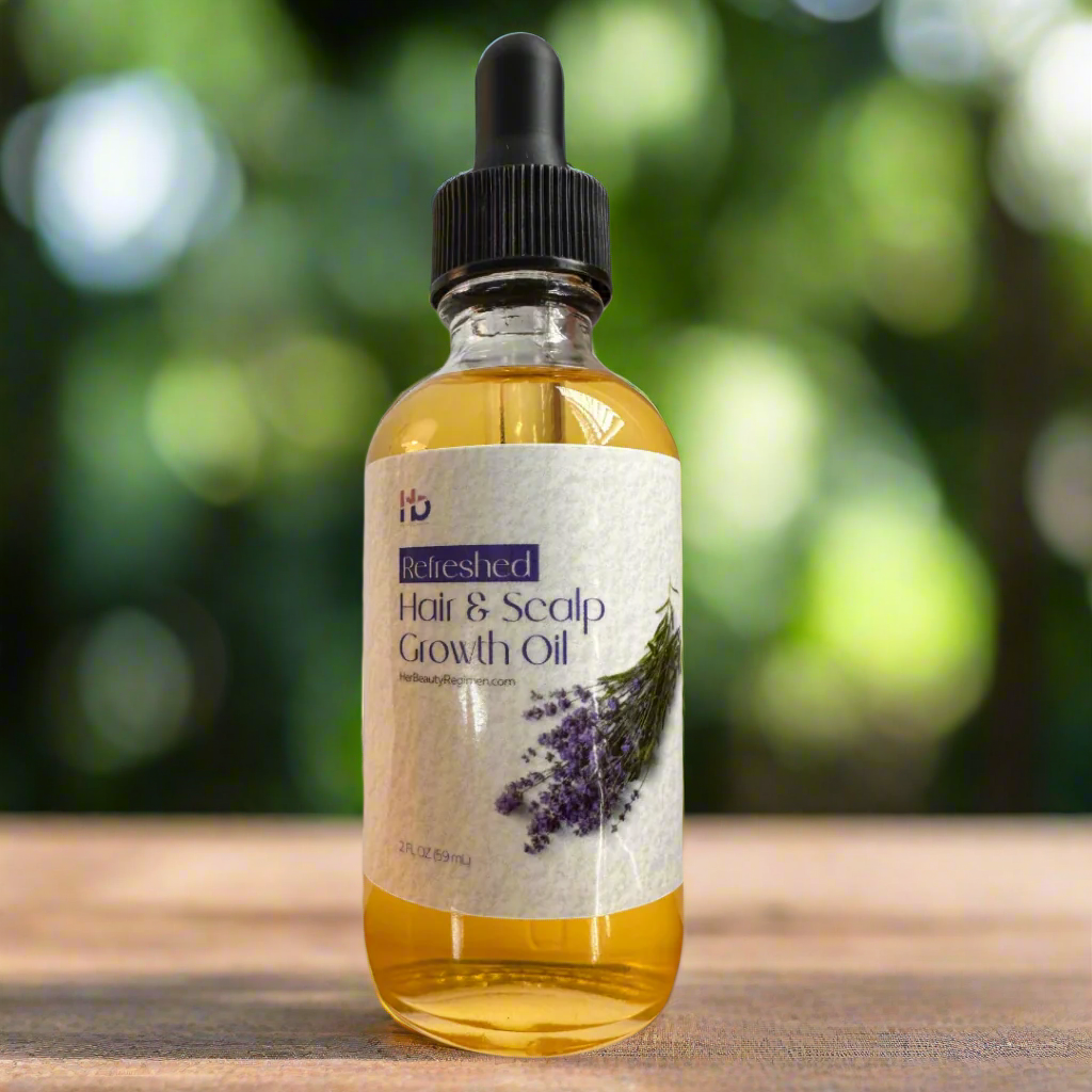 A bottle of Refreshed Hair & Scalp Serum with a dropper cap, displaying a clear liquid, possibly the serum, and labeled for hair growth.