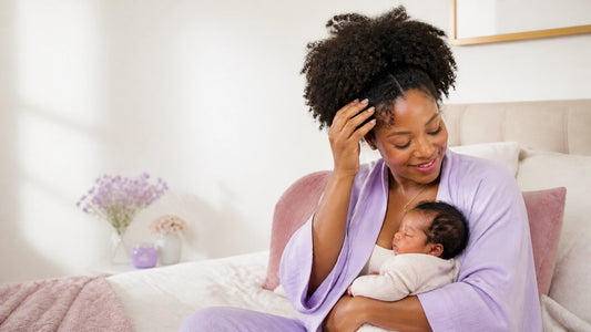 Black mother with textured hair gently touching her hairline while holding her newborn in a bright, calm bedroom